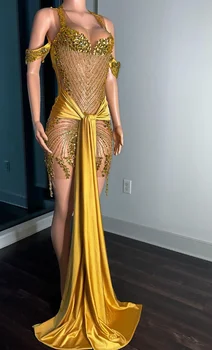Золотые вечерние платья, атласное бюстье с вырезом в виде кристаллов и шлейфом спереди, сексуальные короткие платья для официальных мероприятий
