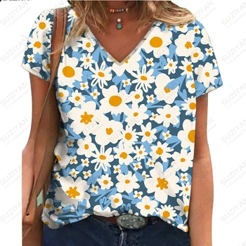 Модная, хит продаж, женская футболка с короткими рукавами и V-образным вырезом, повседневный темпераментный дышащий женский топ оверсайз с 3D принтом и цветочным рисунком