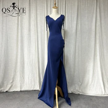 Темно-синие длинные платья для выпускного вечера с эластичными бретельками, расшитыми бисером, вечернее платье с V-образным вырезом, вечернее платье с разрезом, расшитое бисером, подходит для женщин, темно-синее платье для выпускного вечера