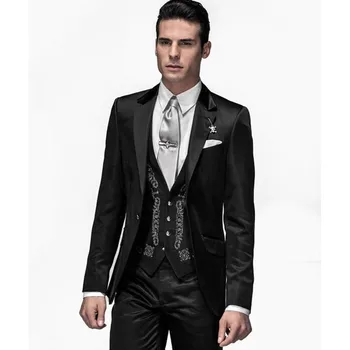 Черные мужские костюмы, сшитый на заказ блейзер, брюки, повседневные костюмы, свадебное платье, пальто для выпускного вечера, смокинг, 3 предмета, куртка, Брюки, жилет с вышивкой