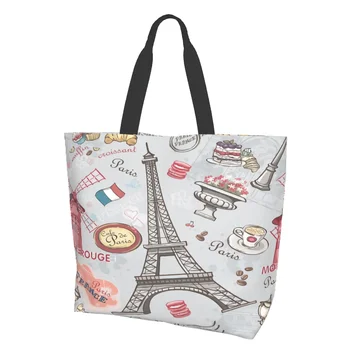 Эйфелева Башня Очень Большая продуктовая сумка Парижская Серая Многоразовая сумка-тоут для покупок, путешествий, хранения, легкая Моющаяся сумка через плечо